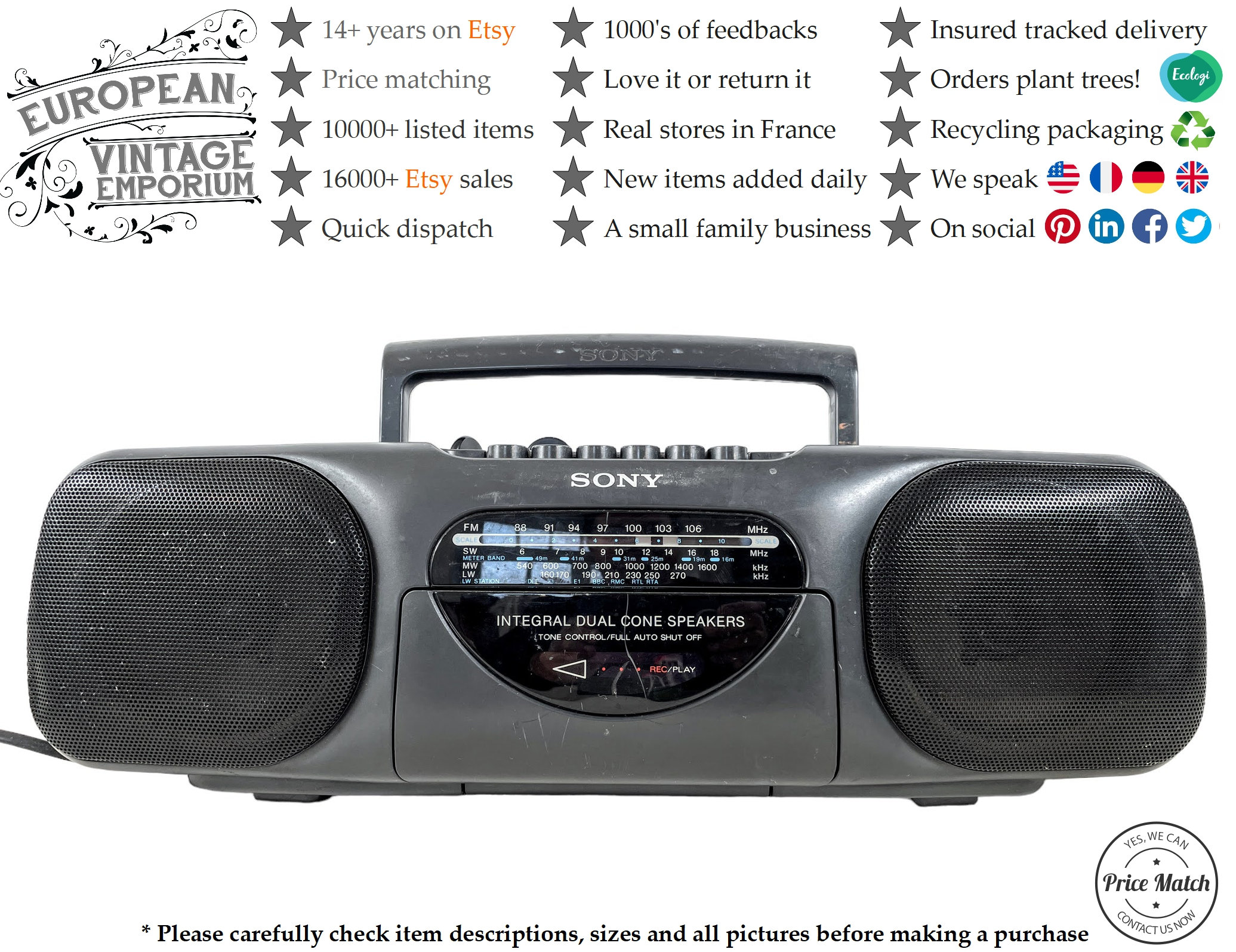 Vintage Sony Portable Radio Cassette CFS-B11L Hi-fi Battery Mains