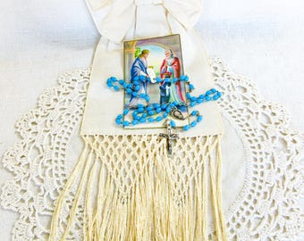 アンティークのフランス製初聖体拝領セット：腕章、ロザリオ、聖カード