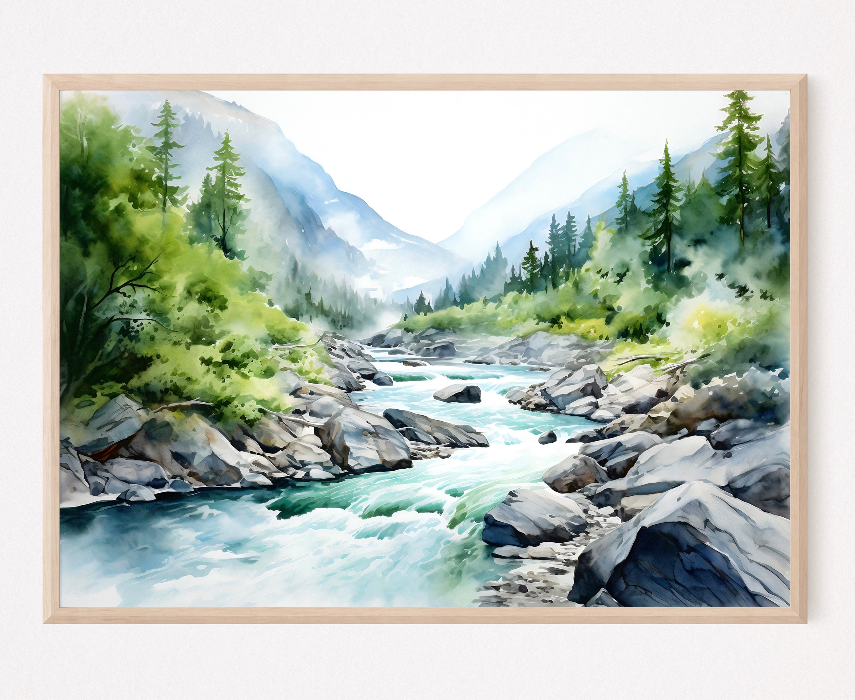 山川の水彩風景、松の木の壁アート、青緑のアートプリント、松林の絵画