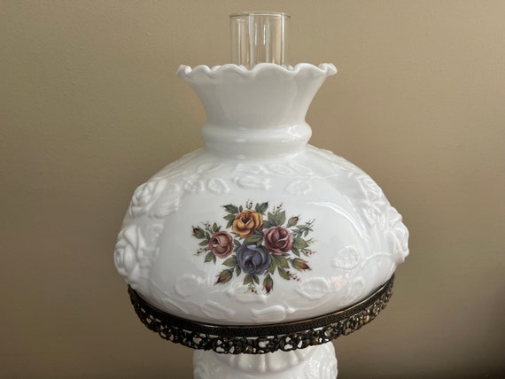 Vintage Milk Glass Victorian Parlor Table Lamp GWTW Hurricane Lamp
