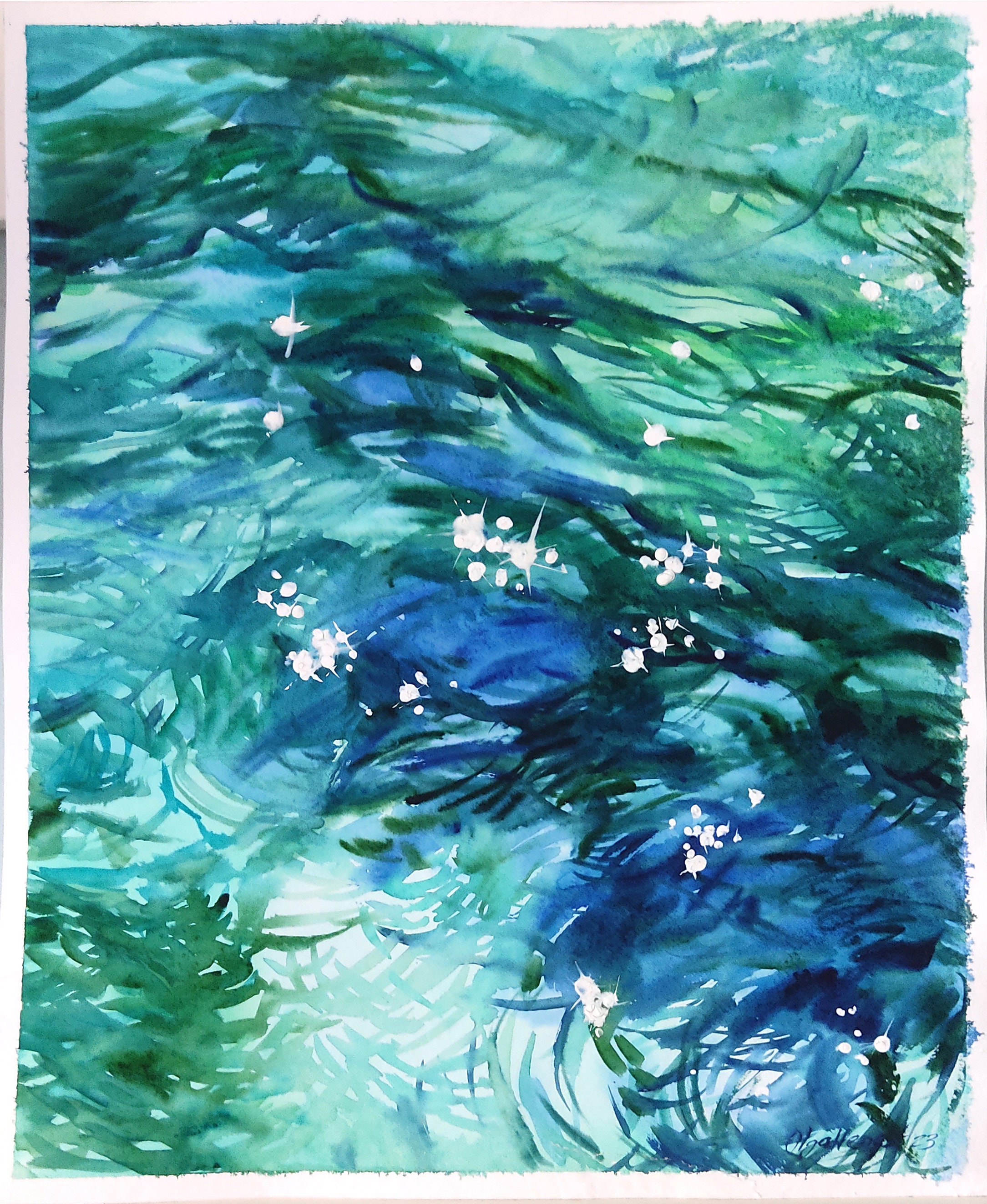 水面オリジナル水彩画、アートワーク、大判 22 x 18 インチ、水面反射