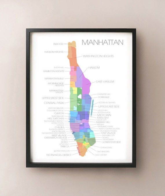 マンハッタン、ニューヨークの地図 - 色分けされた地区の印刷 - Etsy 日本