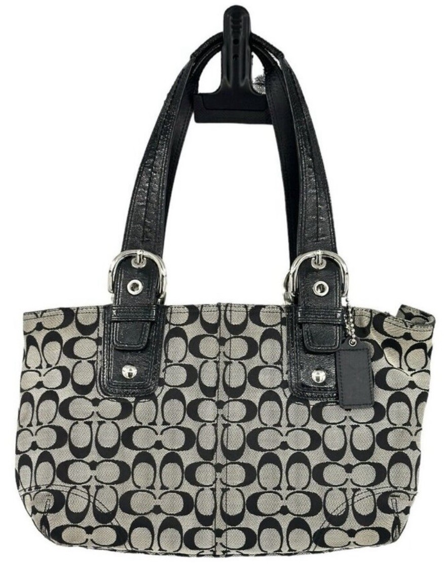 COACH SOHO SIGNATURE TOTE SATCHEL SHOULDER BAG 13117 BLACK WHITE