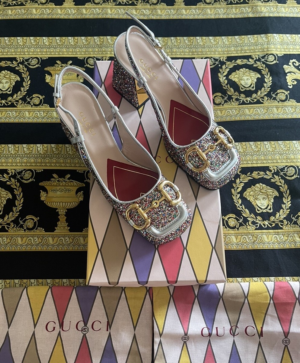 NEW GUCCI Glitter Horsebit Slingback Pumps Shoes Lovelight Cristal
