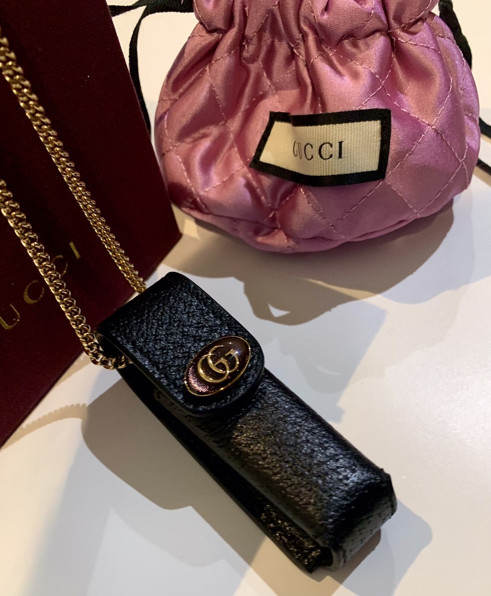 GUCCI Porte Rouges Black Leather Lipstick Holder Chain Necklace