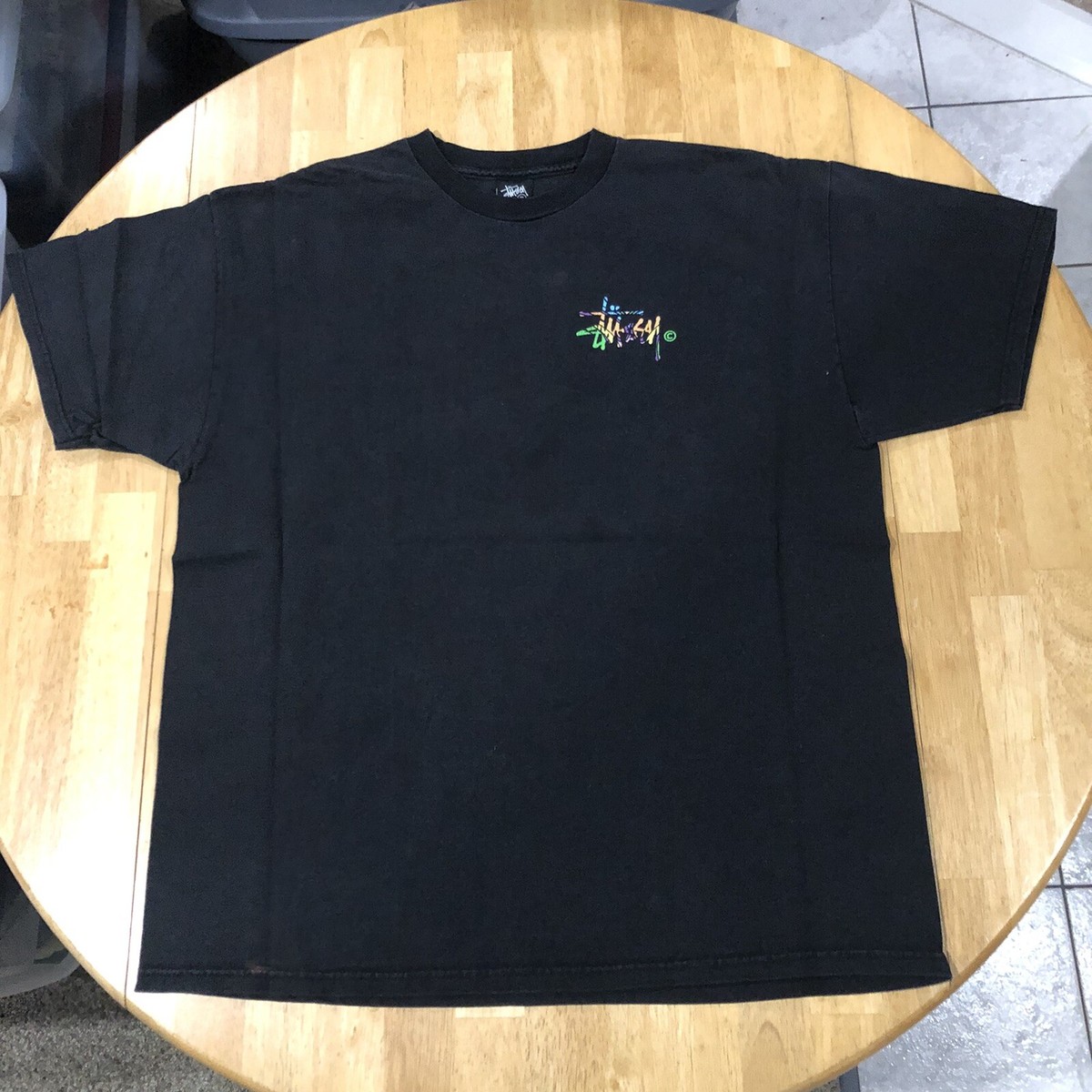 VINTAGE STUSSY SPELLOUT ABSTRACT BLACK MULTICOLOR 90's T SHIRT XL