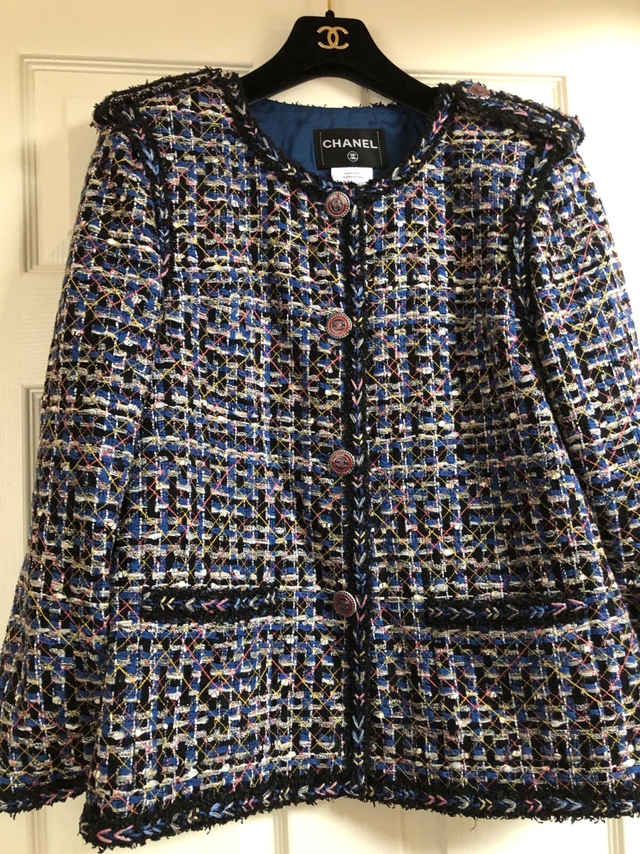Chanel 16P NEW TWEED BLUE PINK JACKET BRAIDED TRIM CC BUTTONS FR46