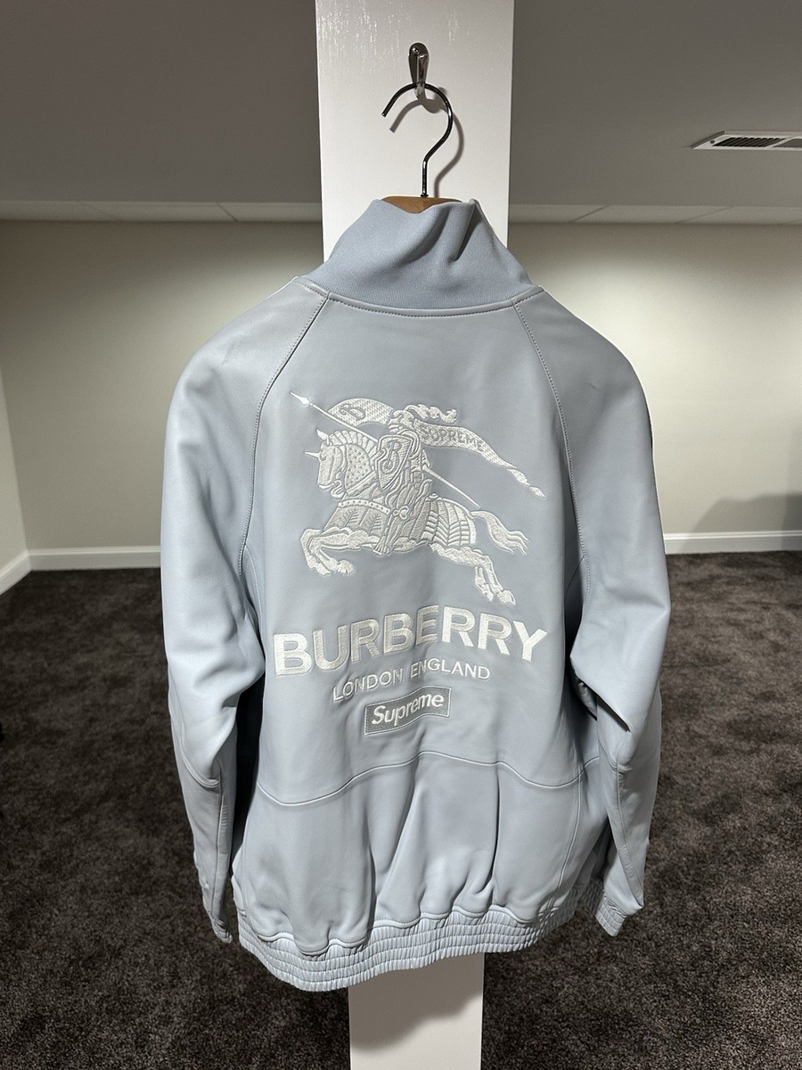 Supreme Burberry Pastel Blue Embroidered Leather Zip Jacket | eBay