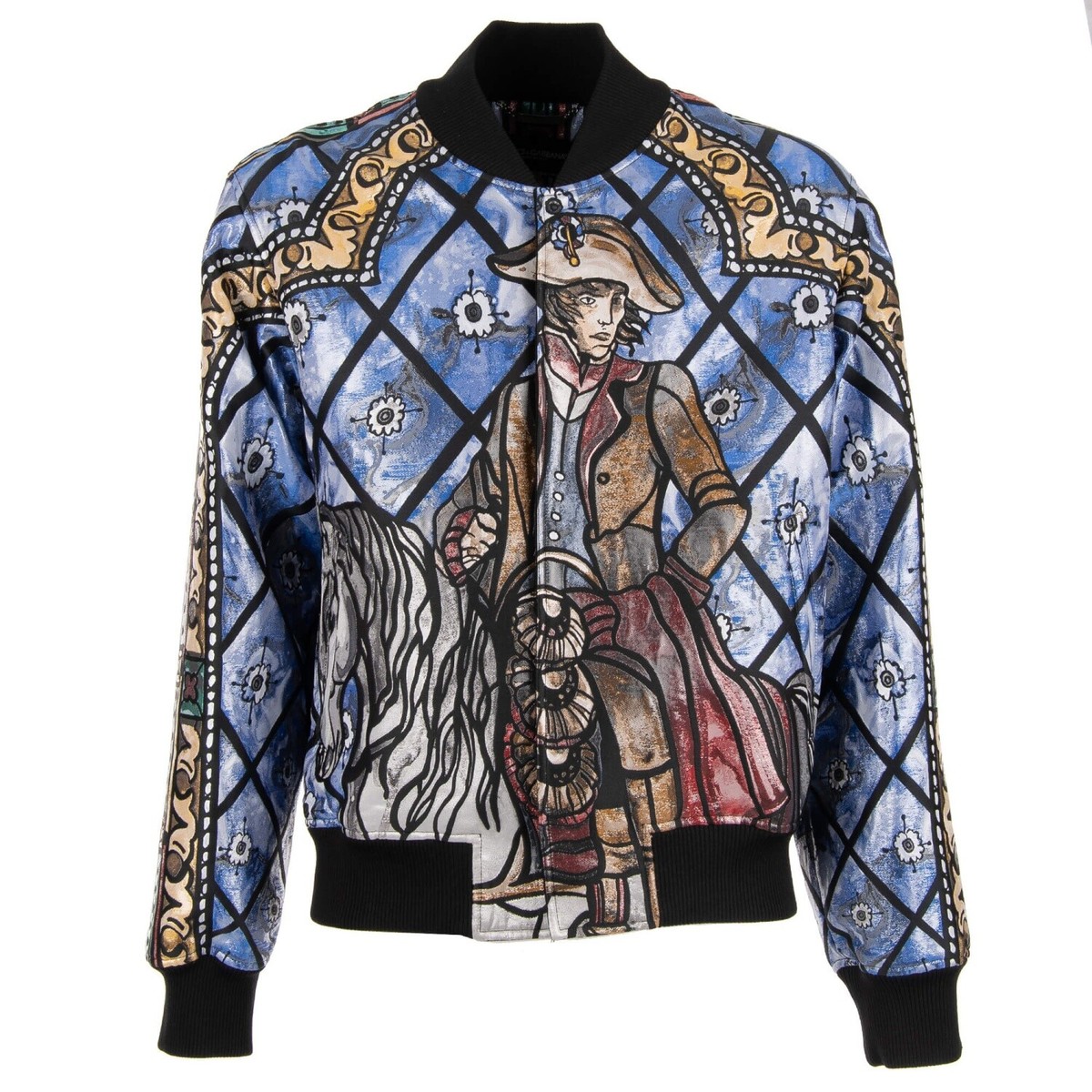 DOLCE & GABBANA Oversize Napoleon Lurex Bomber Jacket Blue 48 US