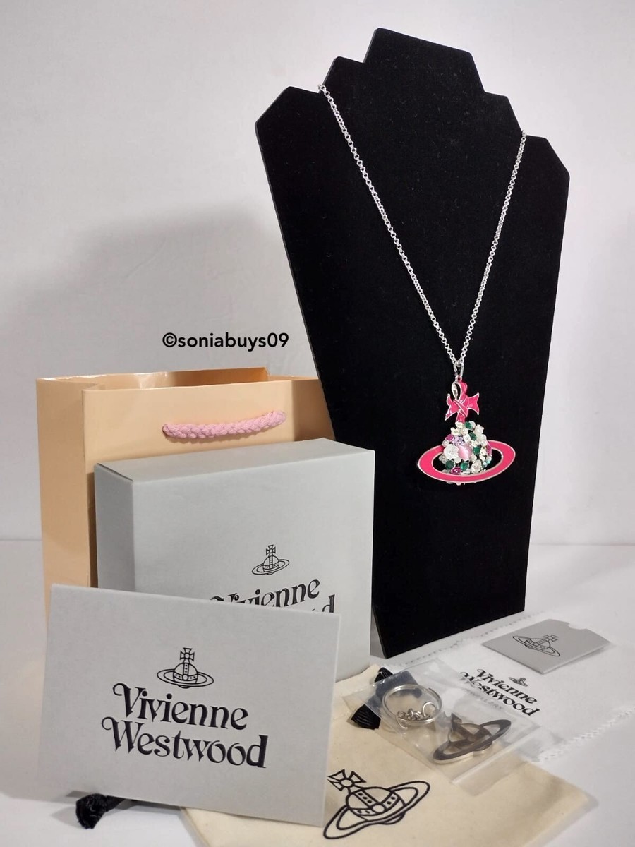 Vivienne Westwood Flower Pink Orb Necklace w/Top Bow and Crystals