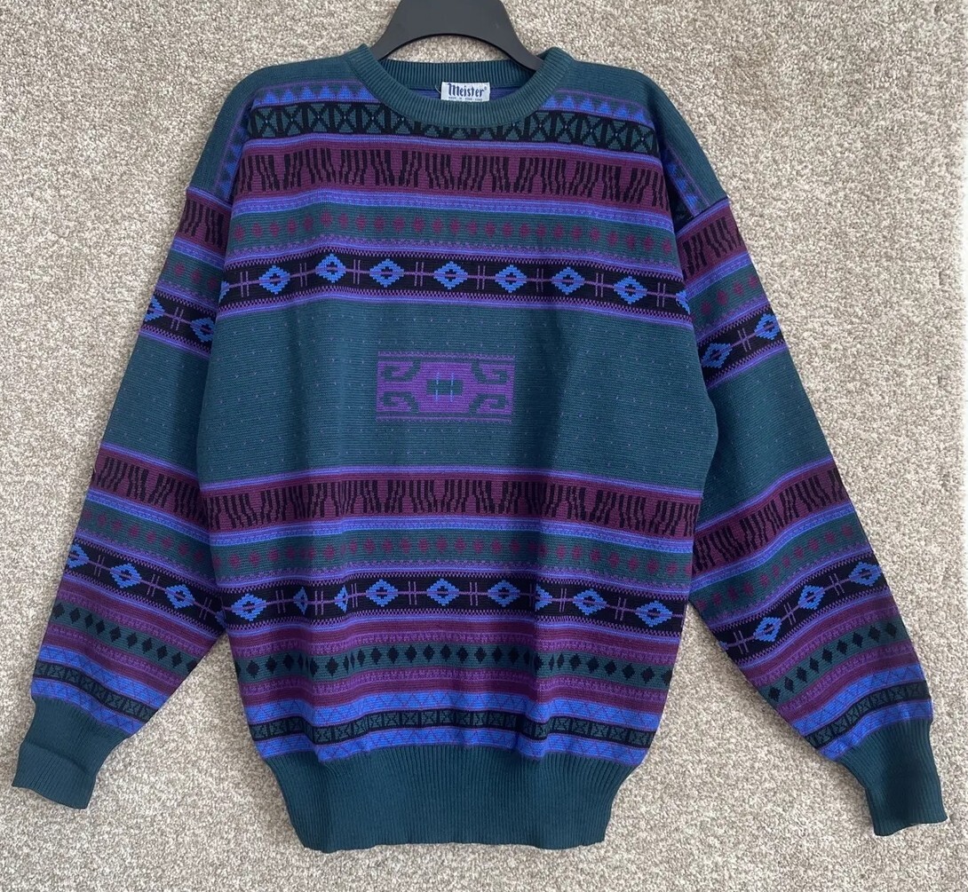 Vintage 90s Meister Mens Wool Blend Knit Aztec Retro Pullover
