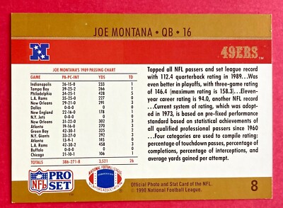 1990 Pro Set Passing Leader Joe Montana #8 Football San Francisco