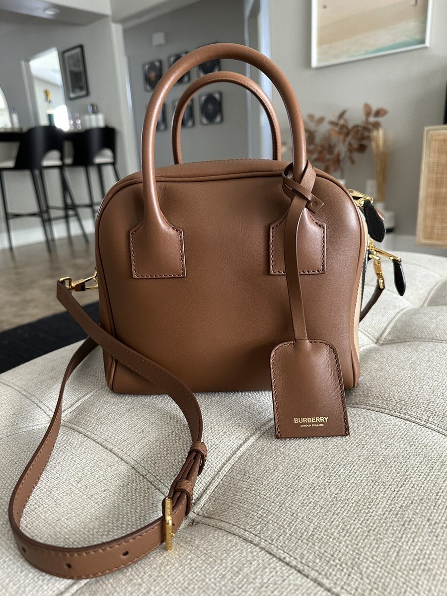 NWT Burberry Malt Brown/Pale blue Small Stripe Intarsia Leather