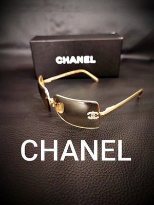 CHANEL 4092-B Sunglasses Rhinestone Coco Mark Gold Rimless