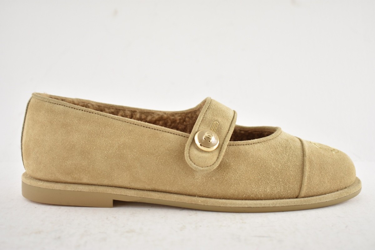 Chanel 25B Beige Suede Shearling Fur Mary Jane Moccasin Ballet