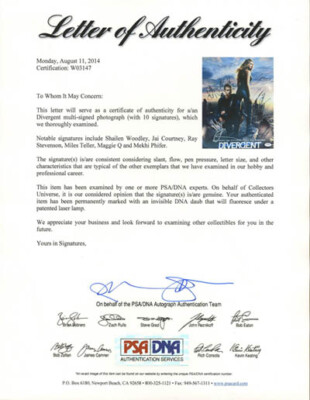 SHAILENE WOODLEY DIVERGENT CAST SIGNED 11x14 Photo 10 LETTER PSA