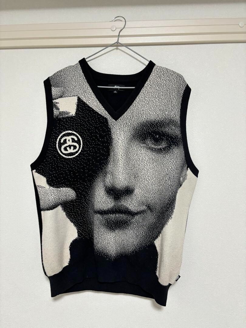 STUSSY Photo Jacquard Knit Vest logo size L color Black White