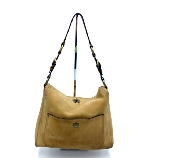 Coach Vintage Turn Lock Beige Suede Shoulder Bag w/Leather Trim