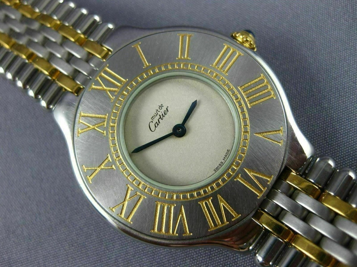 ESTATE CARTIER .10CT SAPPHIRE 18K GOLD & STAINLESS STEEL 3D LADIES