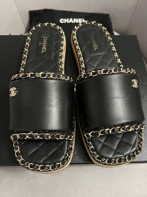 CHANEL SANDALS MULES SHOES BLACK-LEATHER WITH GOLD CHAIN SIZE 39