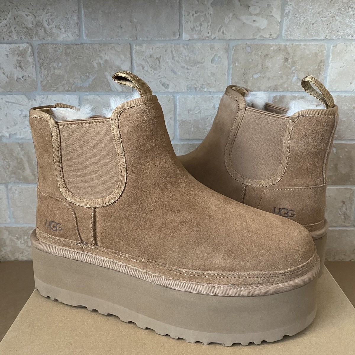 UGG NEUMEL CHELSEA 2” PLATFORM CHESTNUT SUEDE MINI SHOES BOOTS