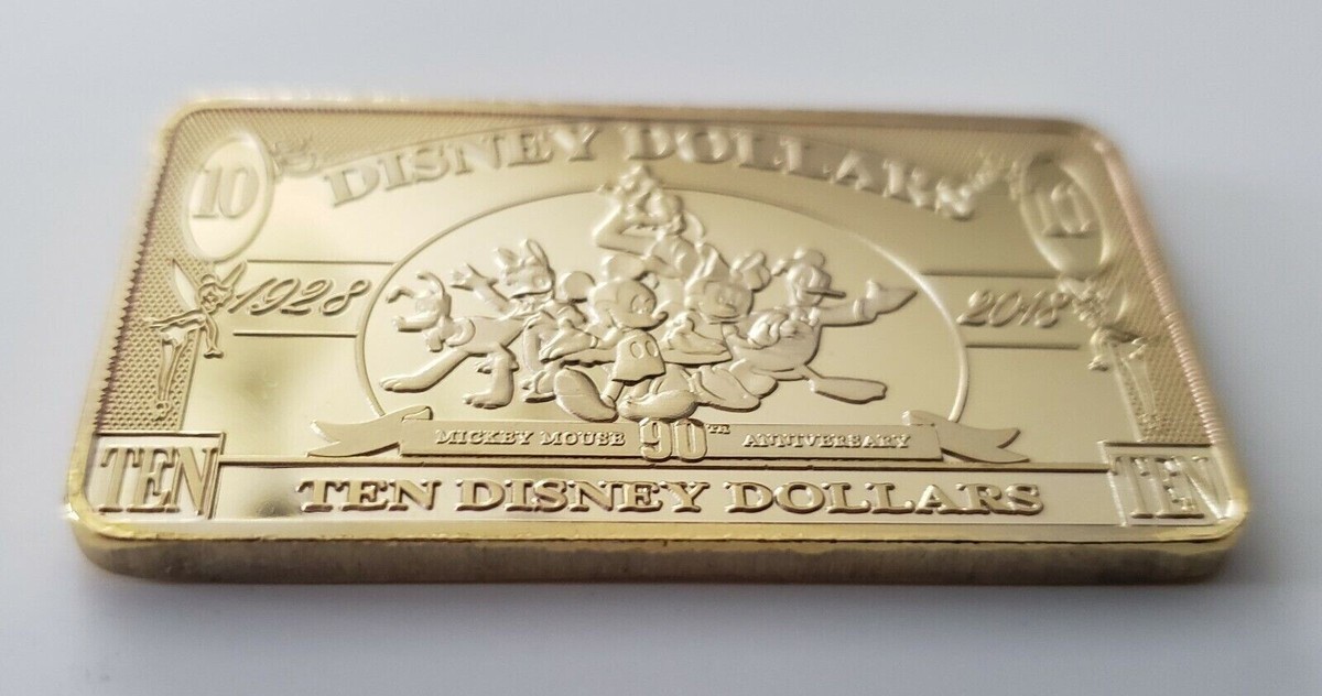 Rare Genuine Disney Dollars $10 Gold 90th Anniversary Mickey Mouse