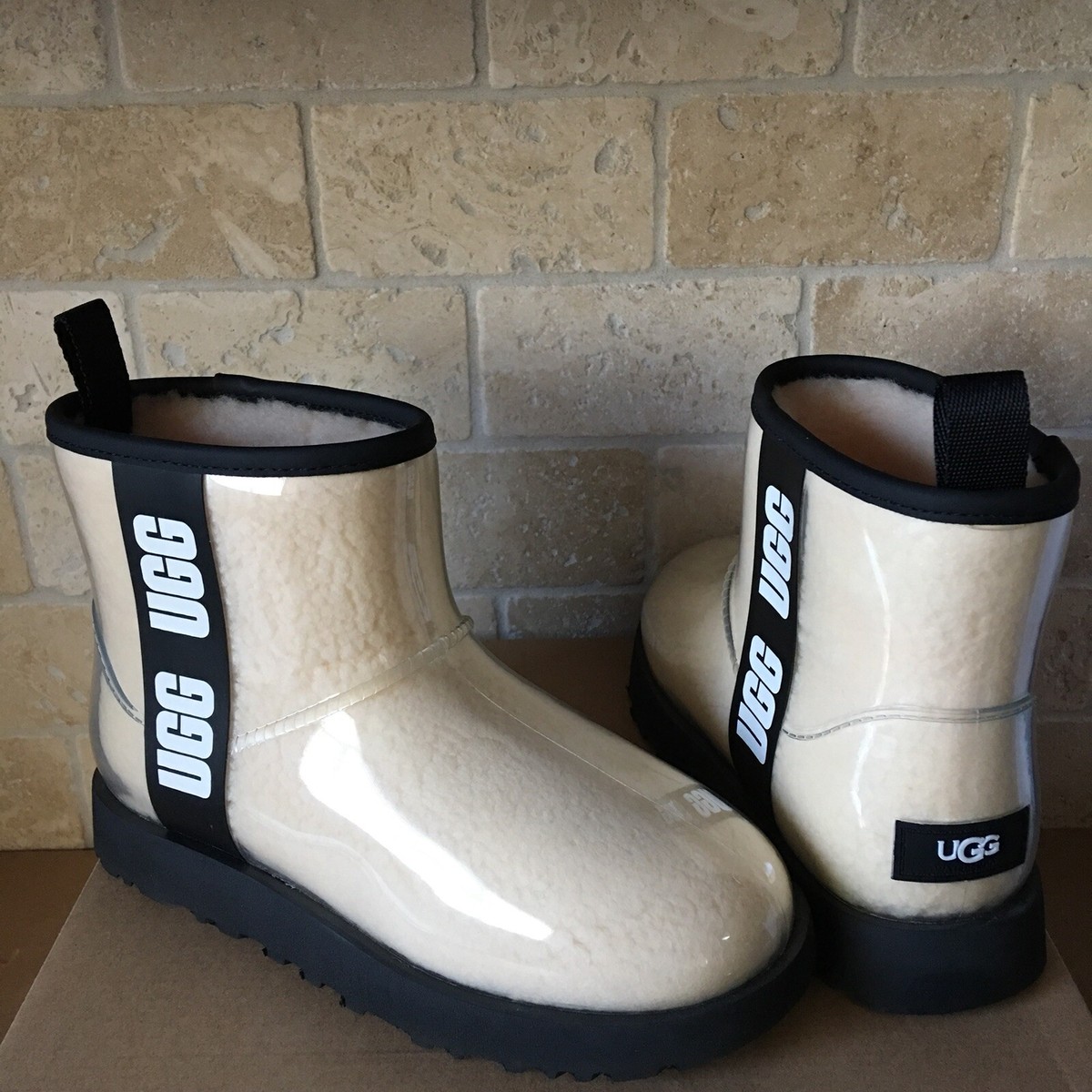 UGG CLASSIC CLEAR MINI NATURAL BLACK FUR WATERPROOF ANKLE BOOT