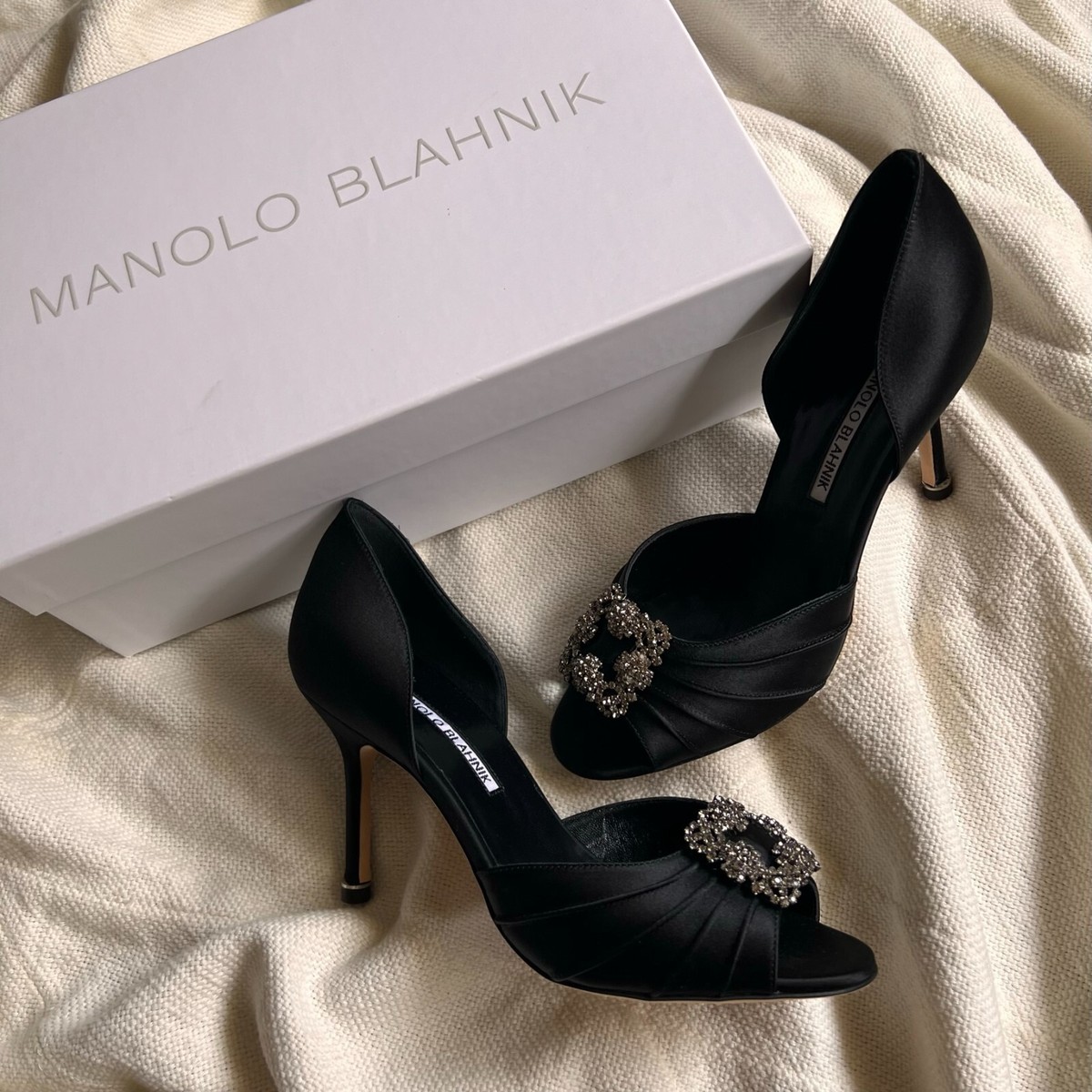 Manolo Blahnik Cassiado d'Orsay Crystal Pump Open Toe 90 mm Black