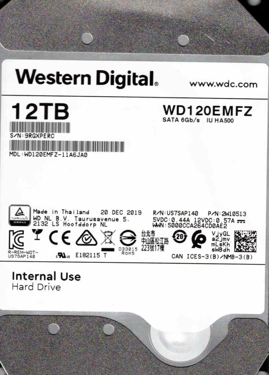 WD120EMFZ-11A6JA0, 2W10513 WESTERN DIGITAL SATA 12TB 9RGX DEC 2019
