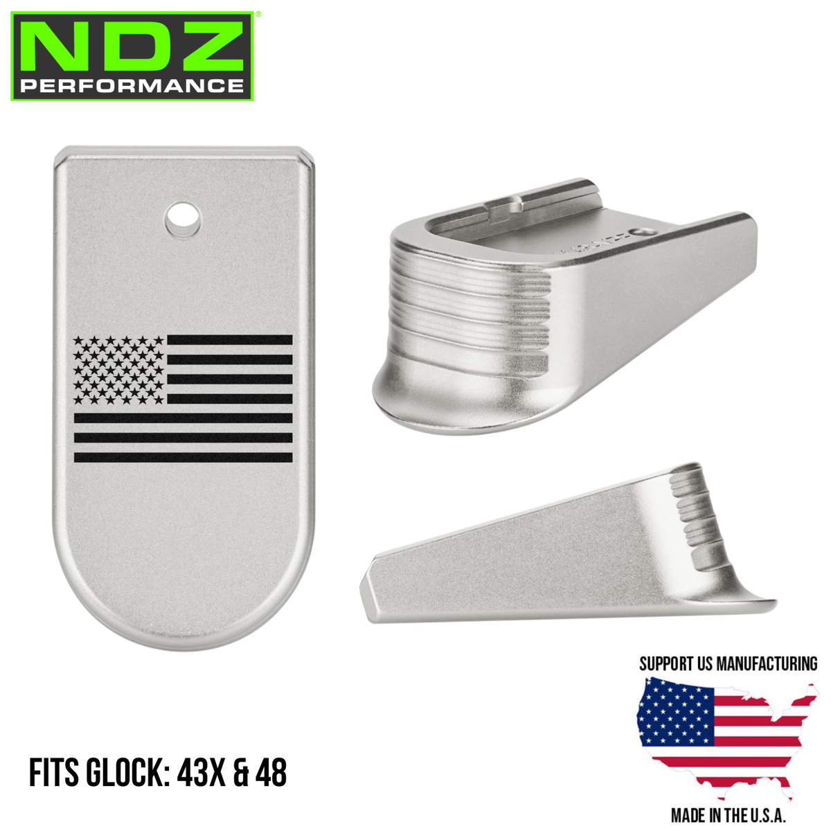 NDZ Glock 43X 48 Magazine Base Plate Extension Aluminum Silver