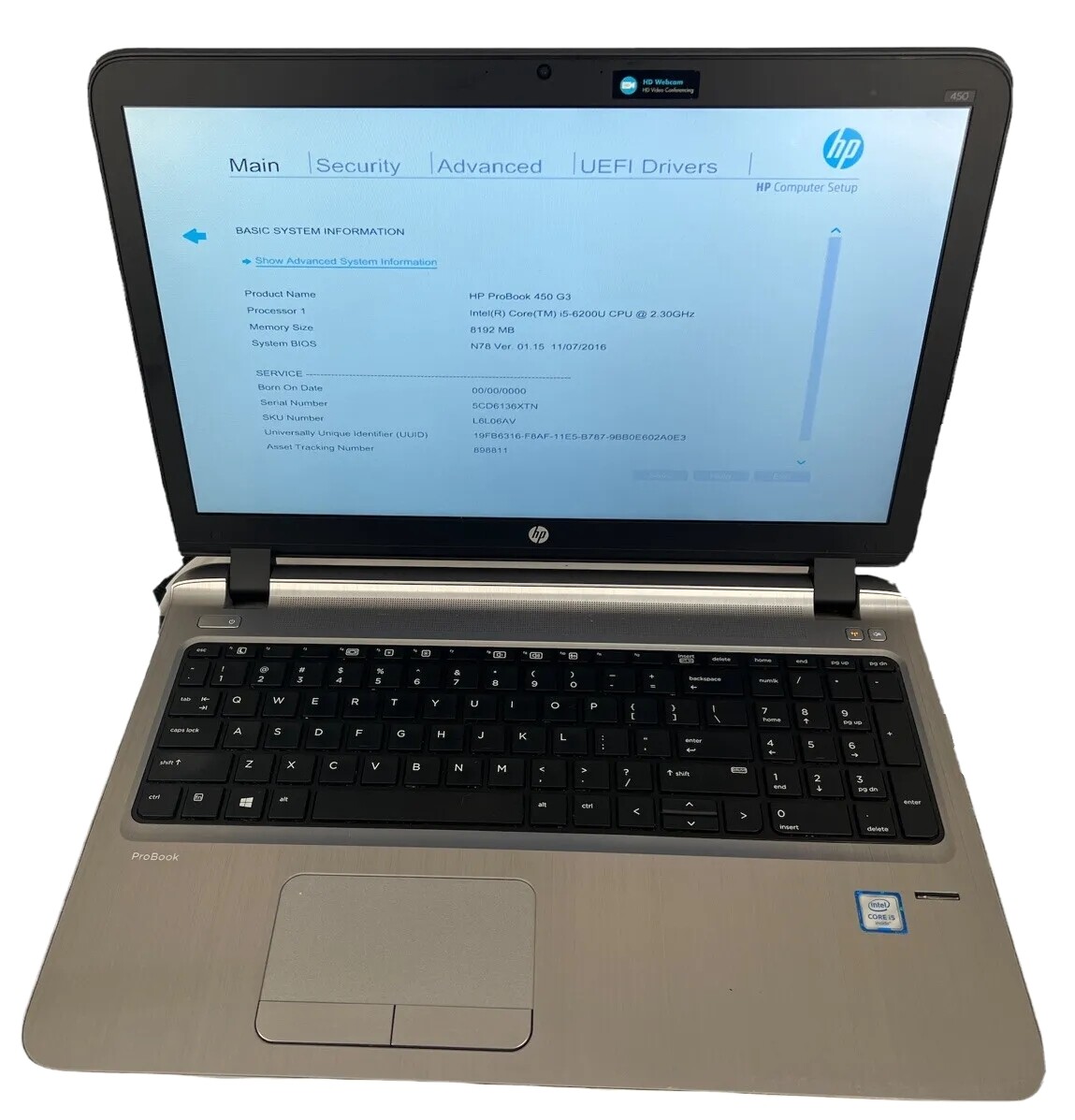 HP PROBOOK 450 G3 i5-6200U 2.3GHz 16GB RAM NO HDD/OS 15.6