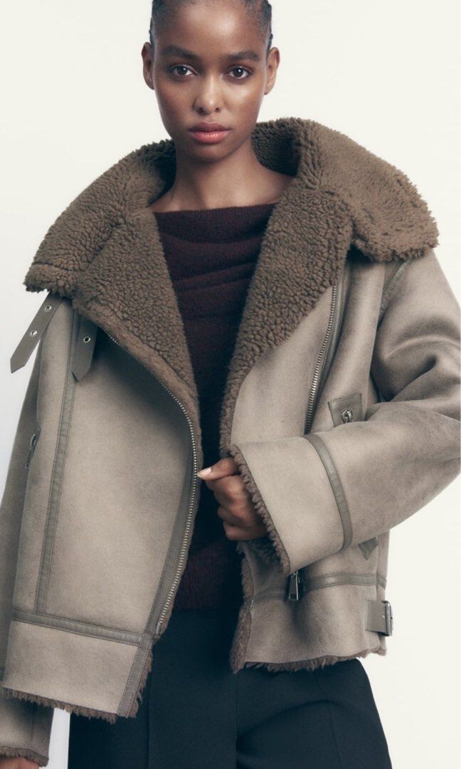 ZARA NEW WOMEN FAUX LEATHER SHEARLING DOUBLE-FACED BIKER JACKET