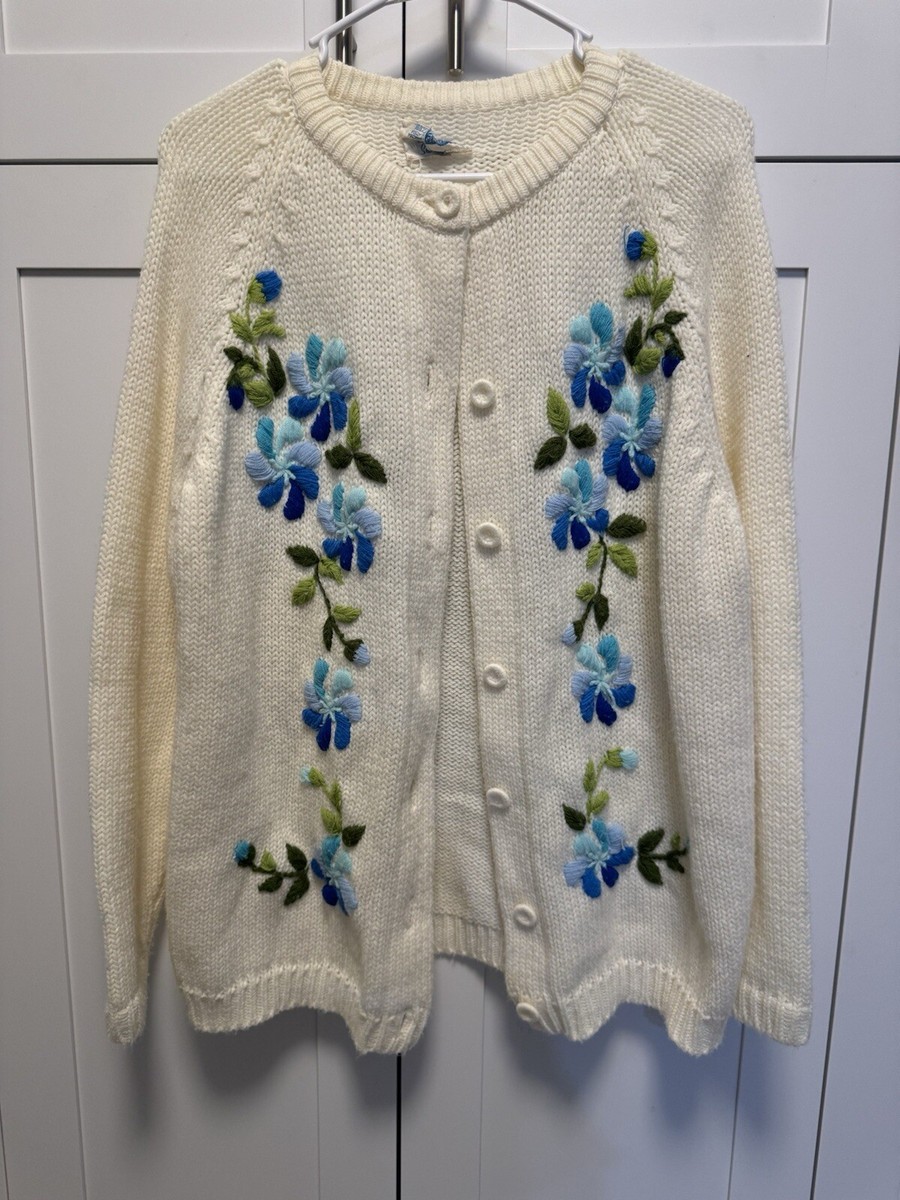 Women's Large Sears Vintage 60's Embroidered Flowers Cardigan
