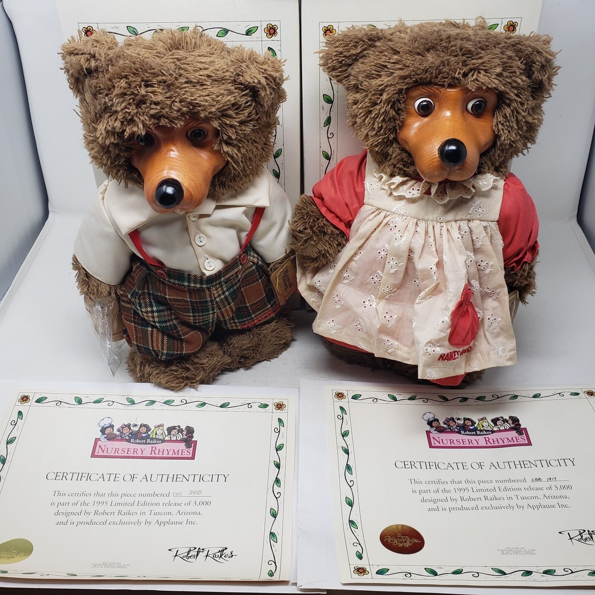 Vintage Robert Raikes Jack & Jill Bear Plush Wood Carved Face