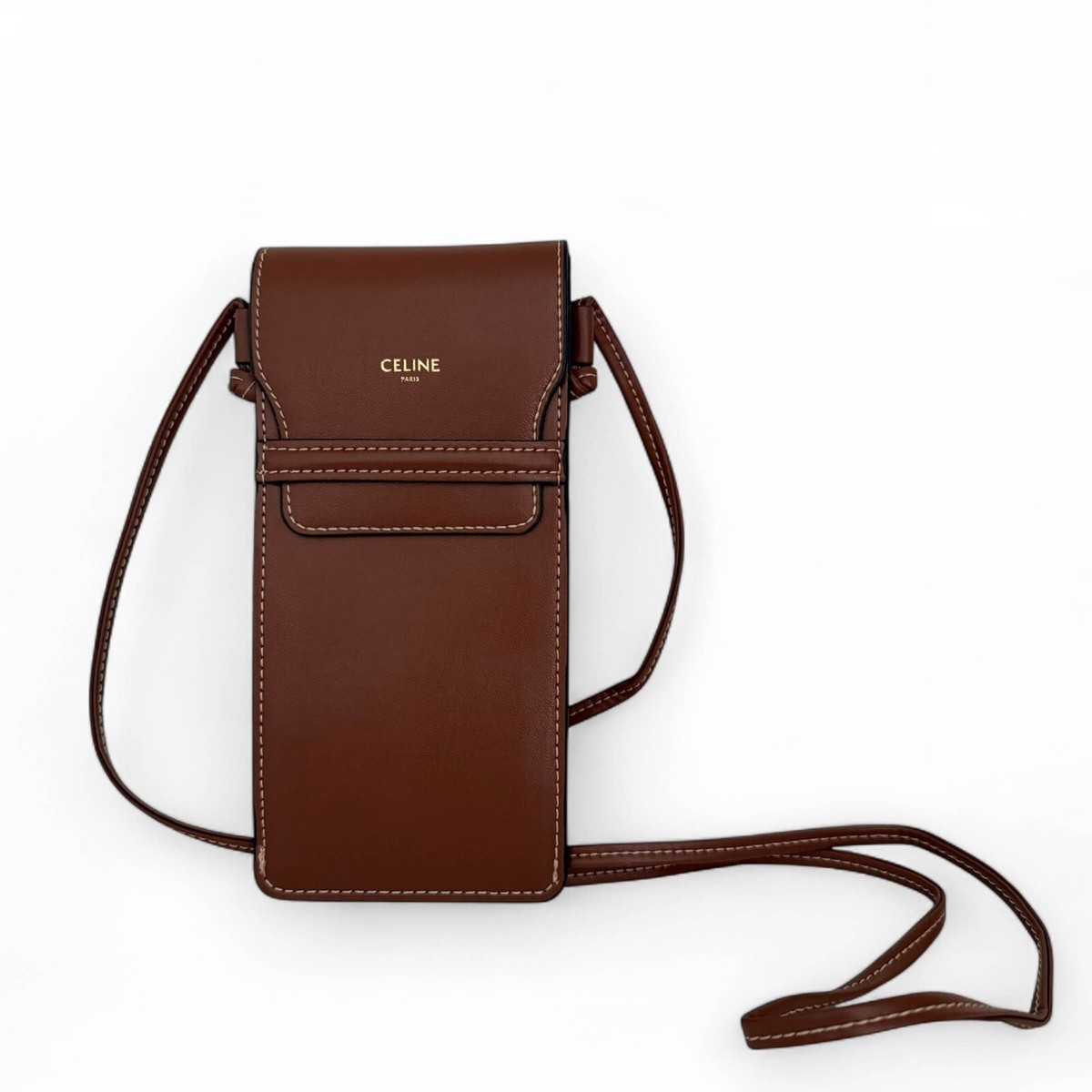 71893 auth CELINE tan brown leather SUNGLASSES POUCH Crossbody Bag