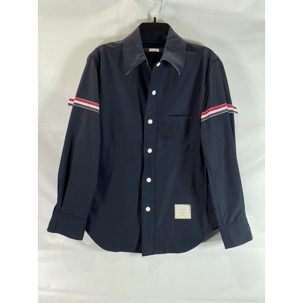 THOM BROWNE Men's Navy Stripe Armband Patch Button-Up Shirt Jacket