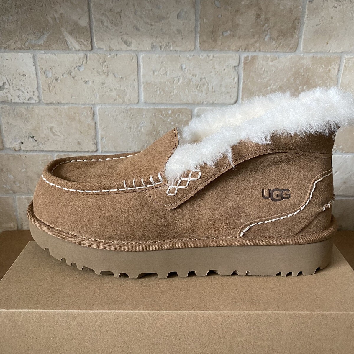 UGG ANSLEY PARC CHESTNUT SUEDE PLATFORM MOCCASIN SLIPPERS SIZE US