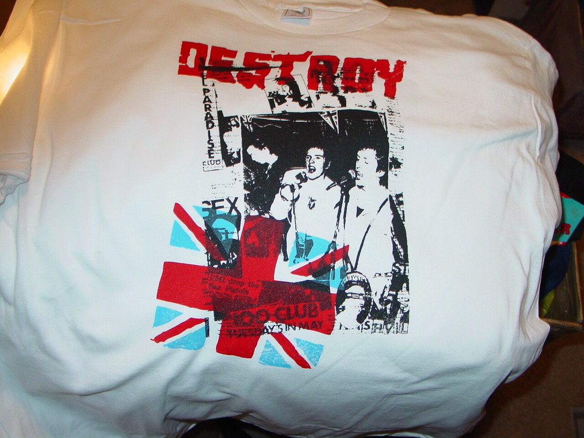 SEX PISTOLS DESTROY PUNK VINTAGE WHITE T Shirt, with IRON ON SIZE