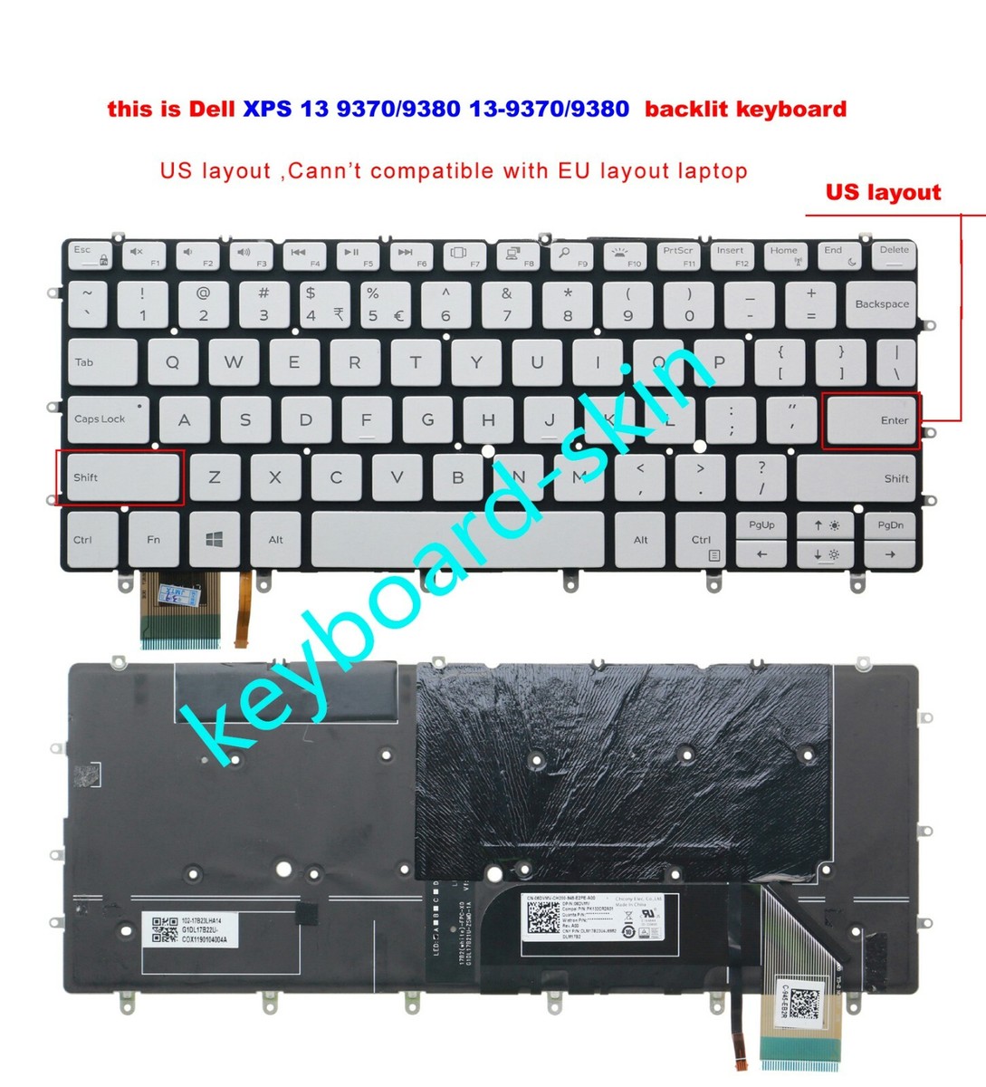 For Dell XPS 13-9370 P82G P82G001 XPS 13-9380 P82G002 Keyboard US