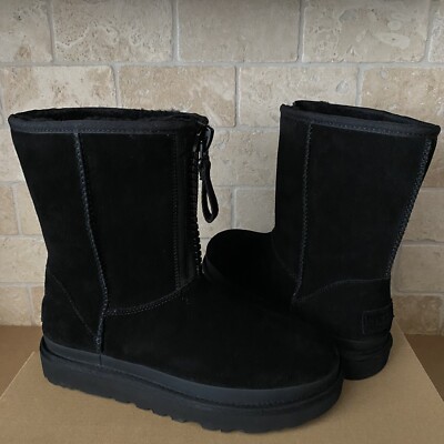 UGG CLASSIC SHORT ZIPPER TAPE LOGO BLACK SUEDE SHEEPSKIN WOMEN