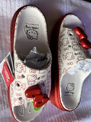 Hello Kitty Crocs Stomp Slides M9/W11 White Red Slip on Shoes
