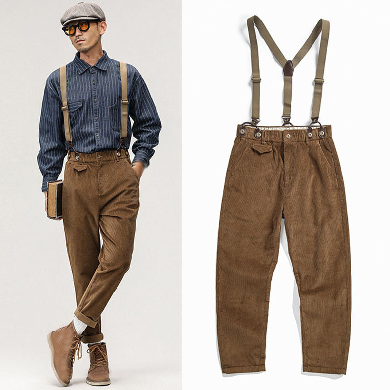 Men British Style Corduroy Straight Pants Suspender Trousers Retro