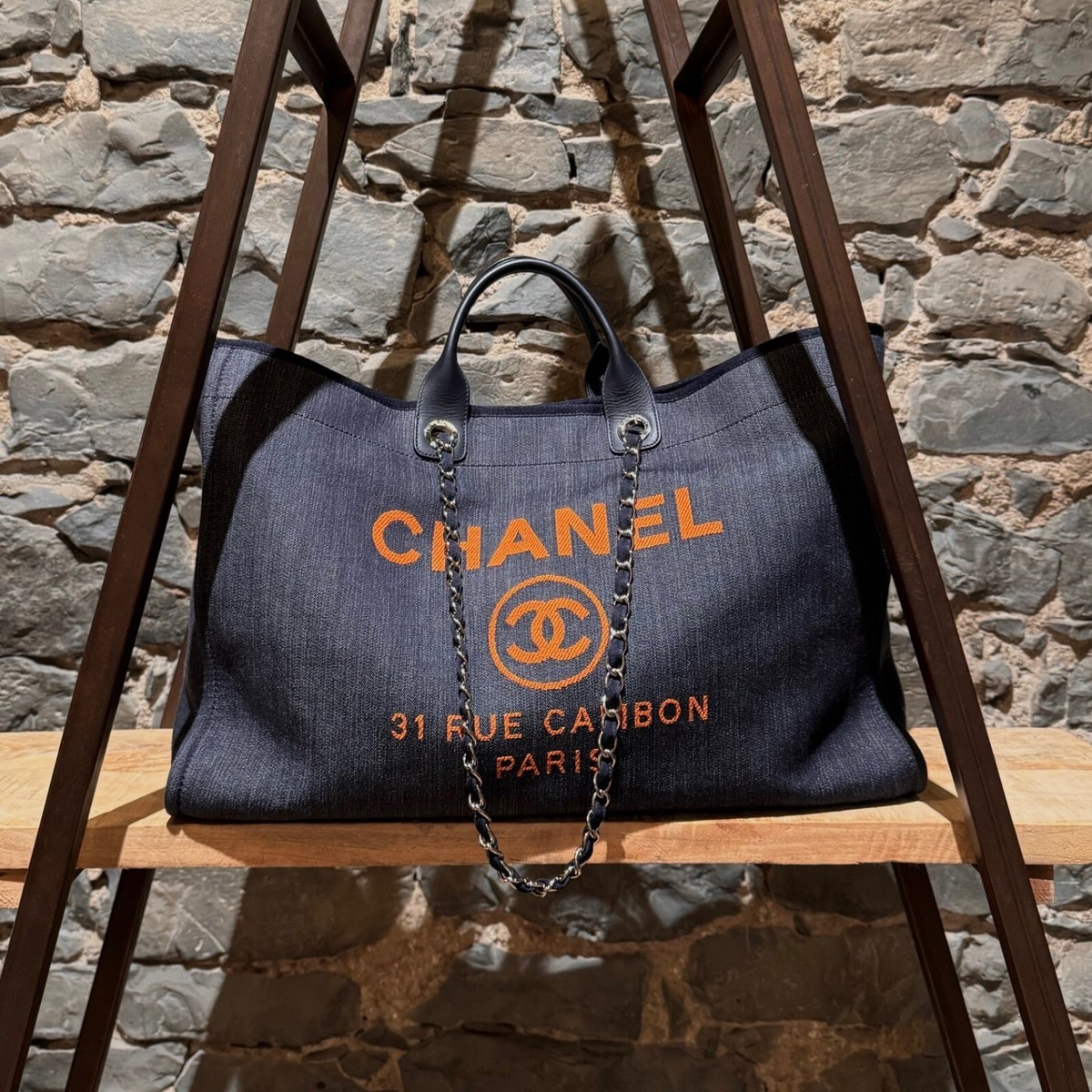 Chanel 2017 Dark Blue Denim Orange CC Logo Large Deauville Bag | eBay