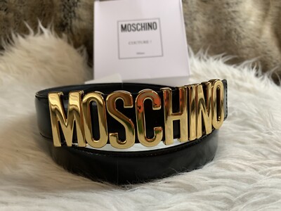 NWT Authentic Moschino Ladies Black Leather Silver Logo Belt 44 | eBay