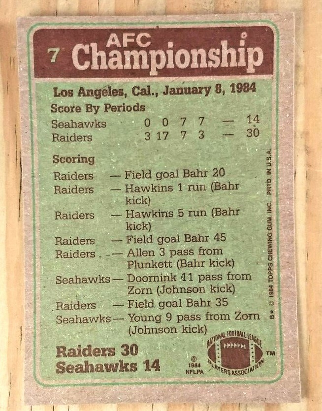 1984 TOPPS 1983 AFC CHAMPIONSHIP GAME CARD#7 NRMINT RAIDER