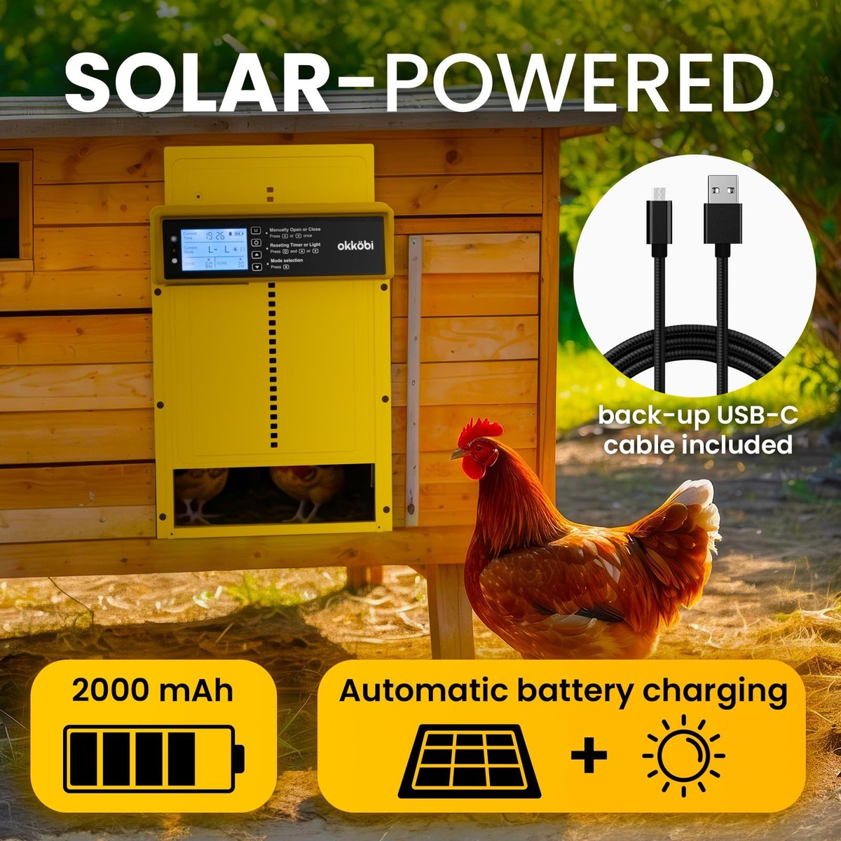 Okkobi Automatic Chicken Coop Door Solar Powered - LCD Display