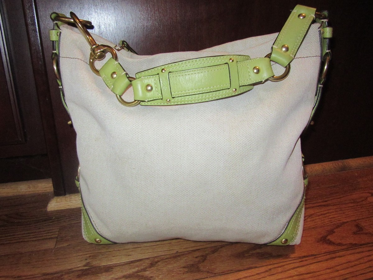 COACH CARLY CANVAS LEATHER LARGE NATURAL / GREEN HOBO BAG 10449 | eBay