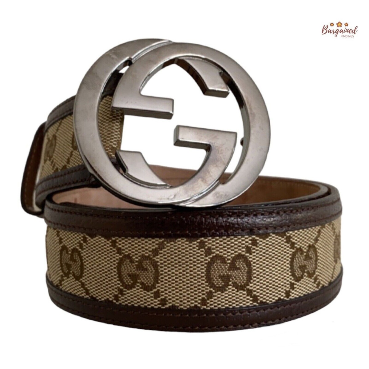 Authentic GUCCI Brown Monogram Canvas Silver Interlocking G Buckle