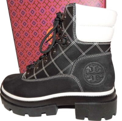 Sz 8 Tory Burch Miller Hiking Boots Lug Sole Black White Combat