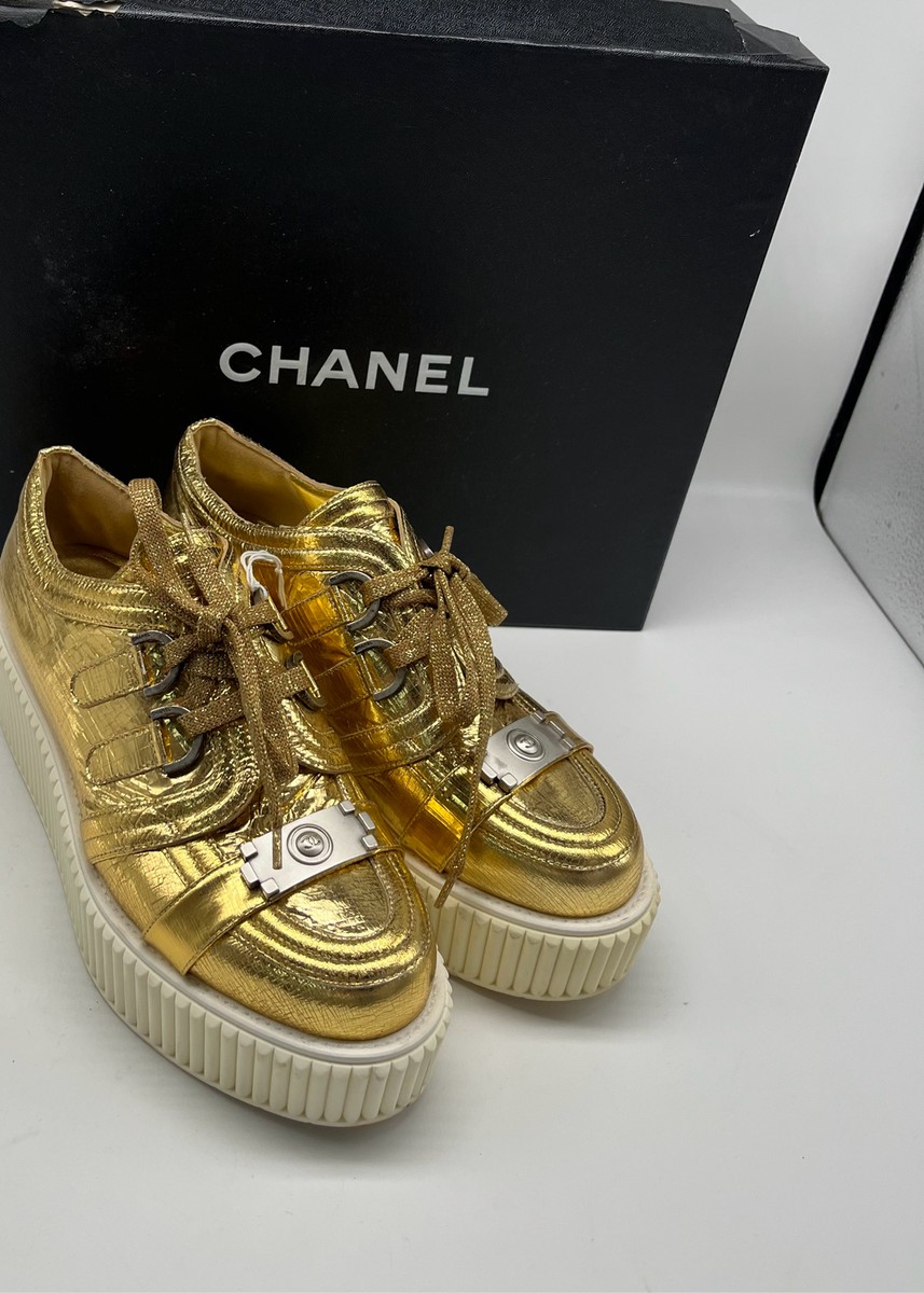 Chanel Metallic Gold Platform Lace-Up Sneaker w/ CC Buckle sz 39.5